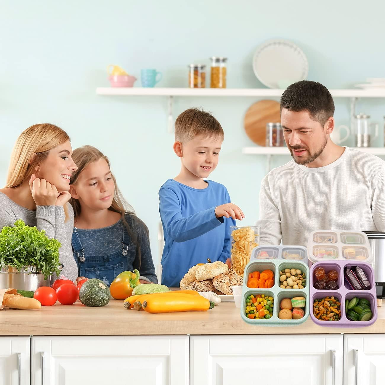5-Pack Bento Lunch Boxes – 4-Compartment Snack Containers for Kids & Adults