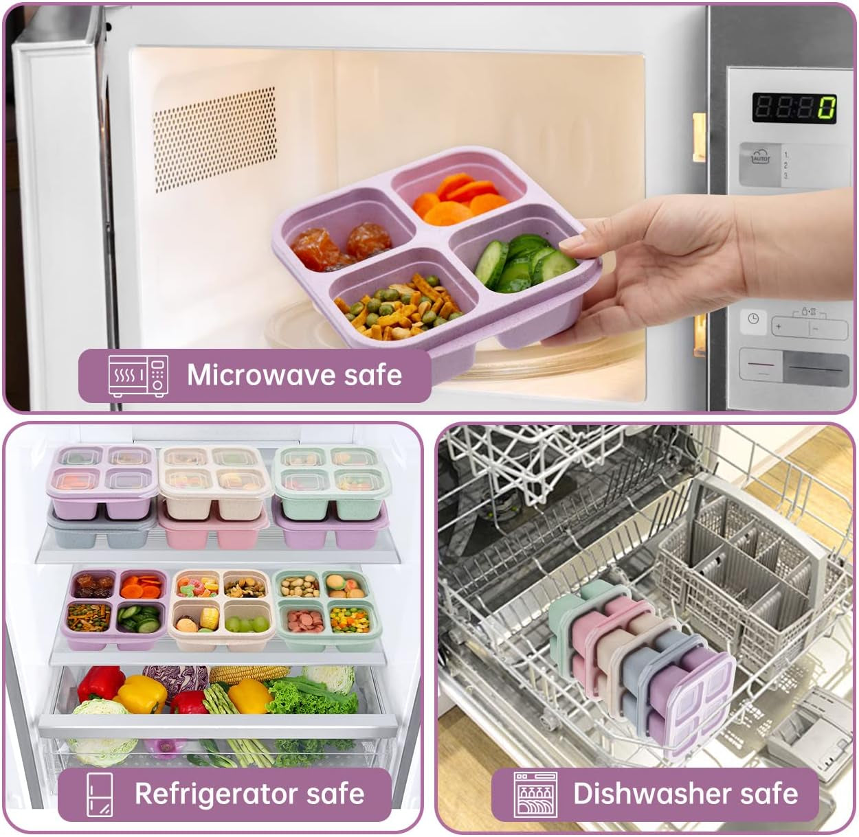 5-Pack Bento Lunch Boxes – 4-Compartment Snack Containers for Kids & Adults