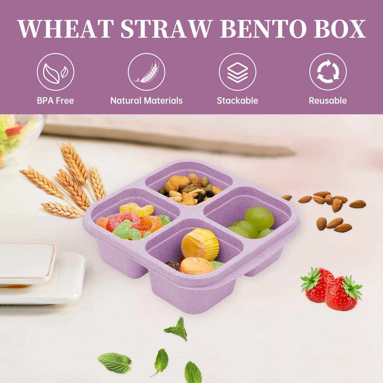 5-Pack Bento Lunch Boxes – 4-Compartment Snack Containers for Kids & Adults
