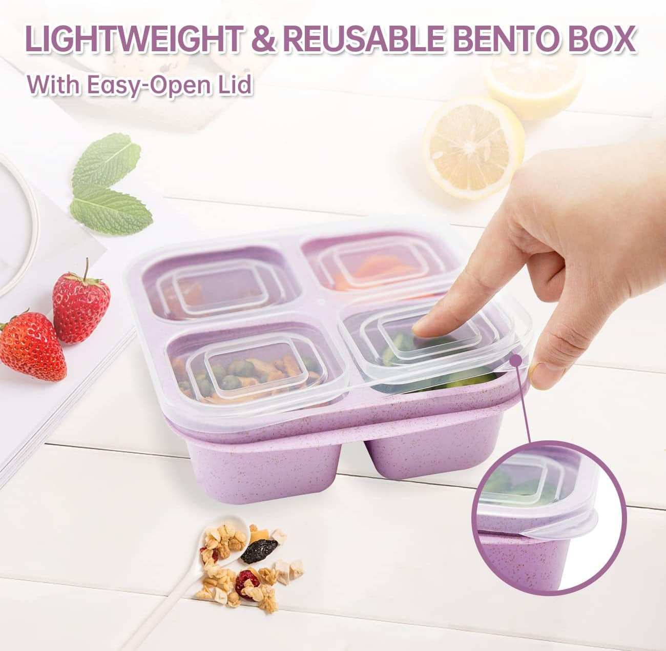 5-Pack Bento Lunch Boxes – 4-Compartment Snack Containers for Kids & Adults
