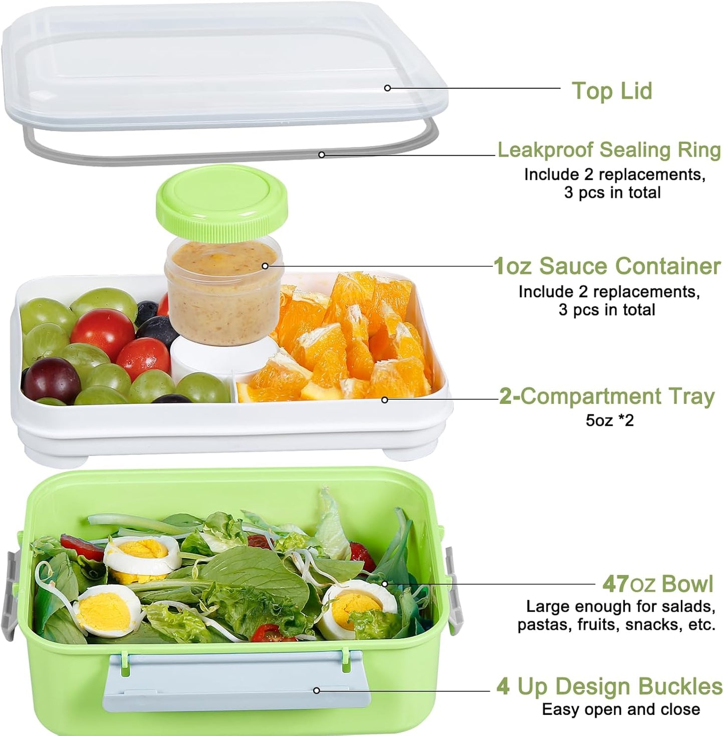 3-Pack Bento Salad Lunch Boxes – Removable Tray & Dressing Pot (47oz)