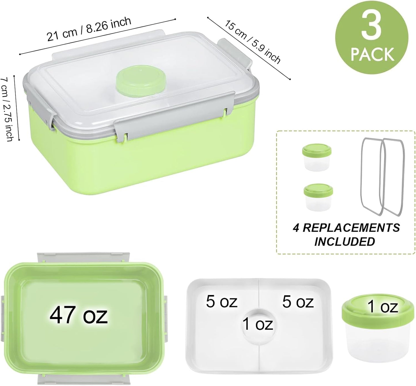 3-Pack Bento Salad Lunch Boxes – Removable Tray & Dressing Pot (47oz)